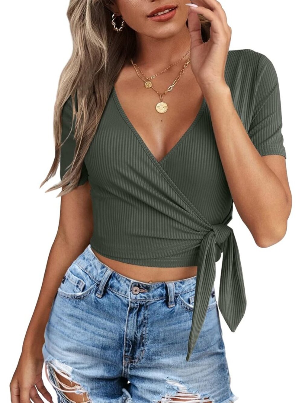 Crop Tops for Women Summer Cute Tops with Deep V Neck Shirts Sexy Unique Cross W